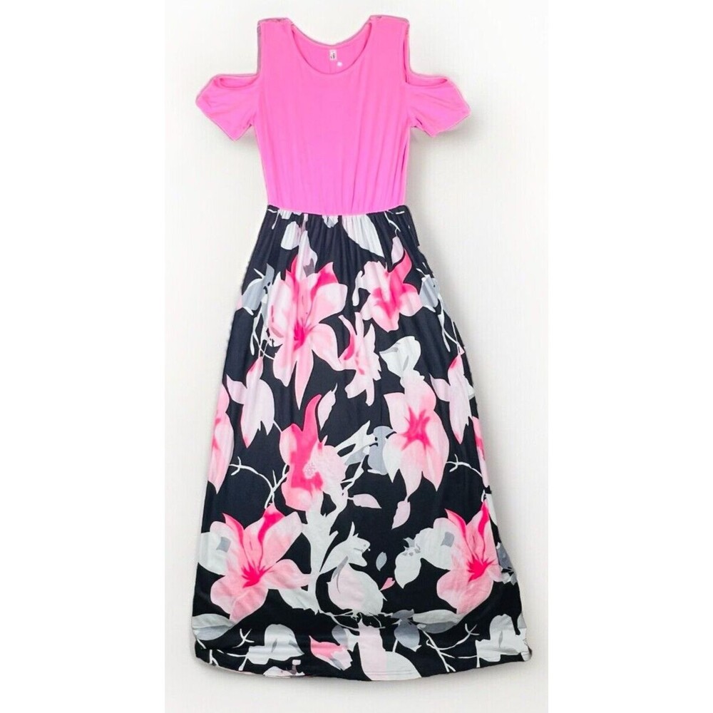 Kancystore Maxi Dress Womens Small Pink Black Floral Cold Shoulder Boho Summer - Picture 2 of 15